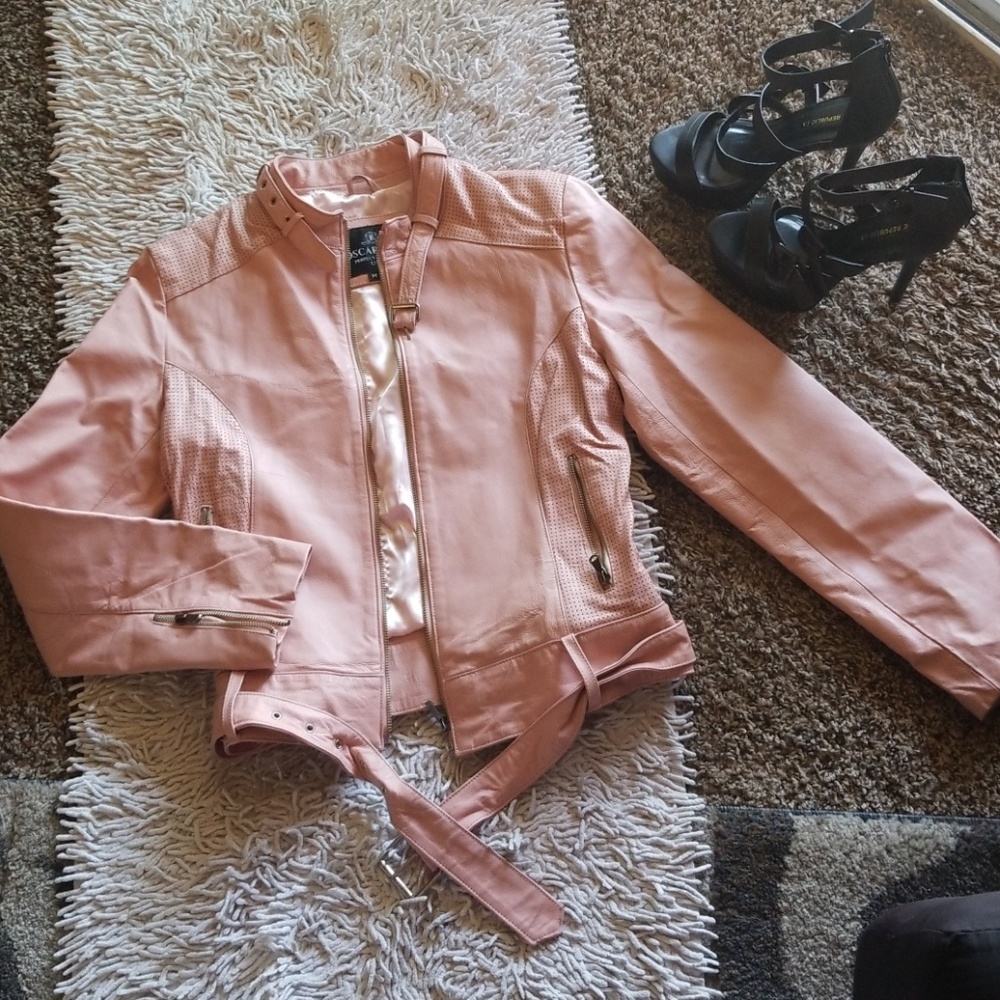 Soft pink Italian leather motorcycle jacket